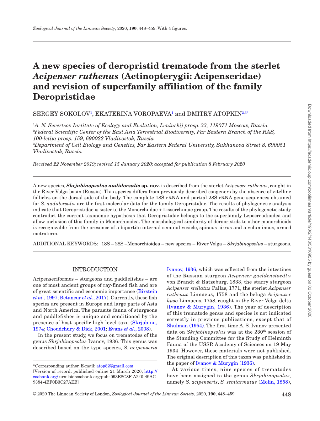 A New Species of Deropristid Trematode from the Sterlet
