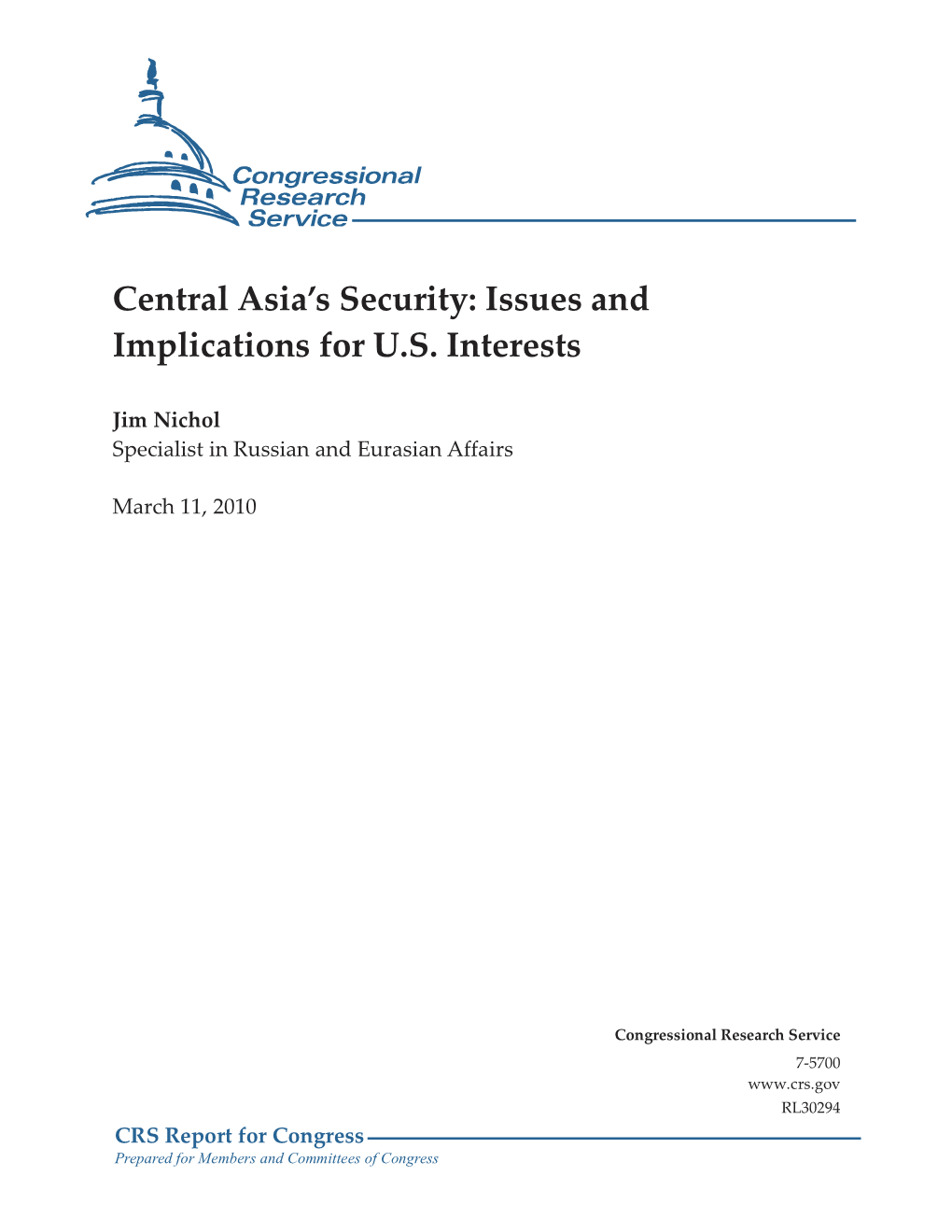 Central Asia's Security: Issues and Implications for U.S. Interests