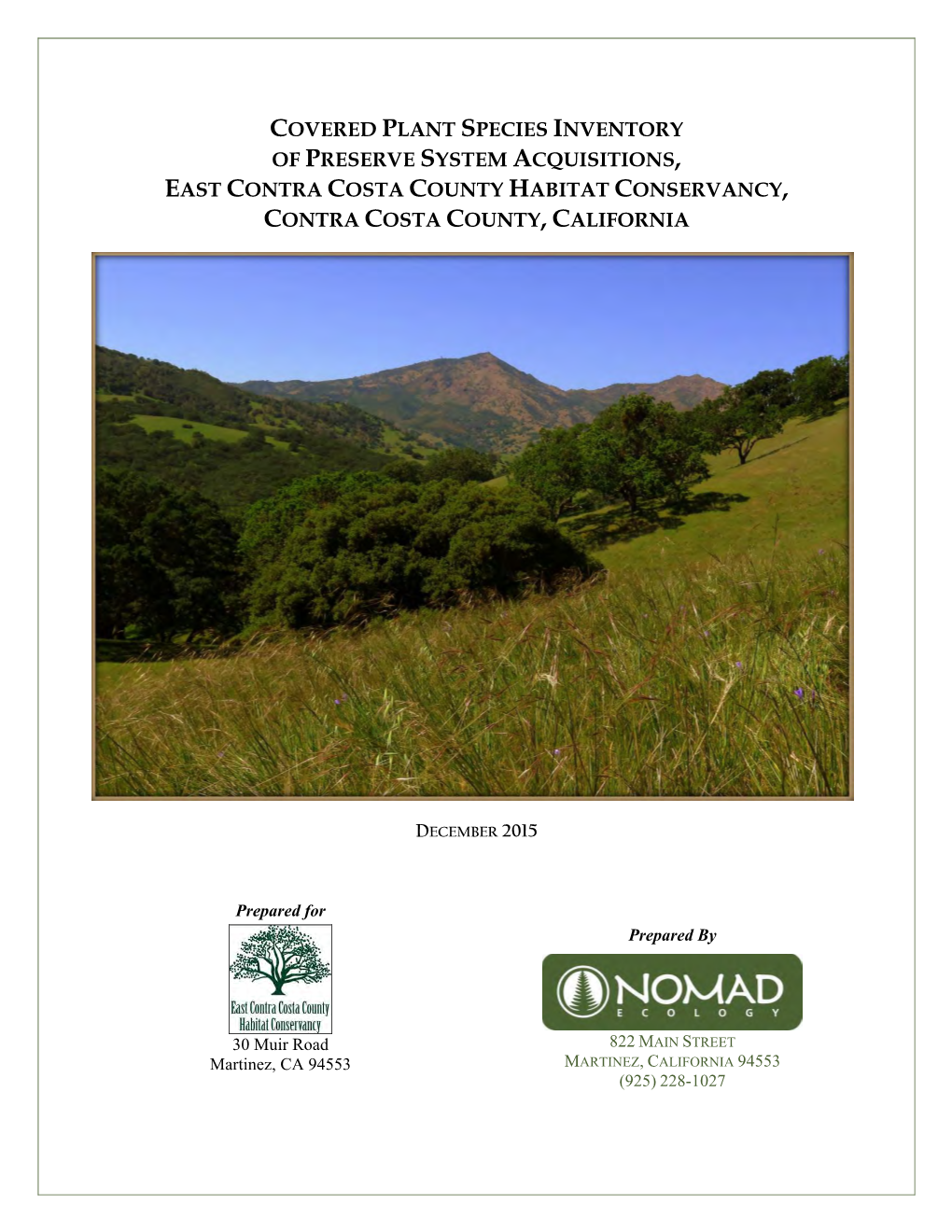Covered Plant Species Inventory of Preserve System Acquisitions, East Contra Costa County Habitat Conservancy, Contra Costa County, California