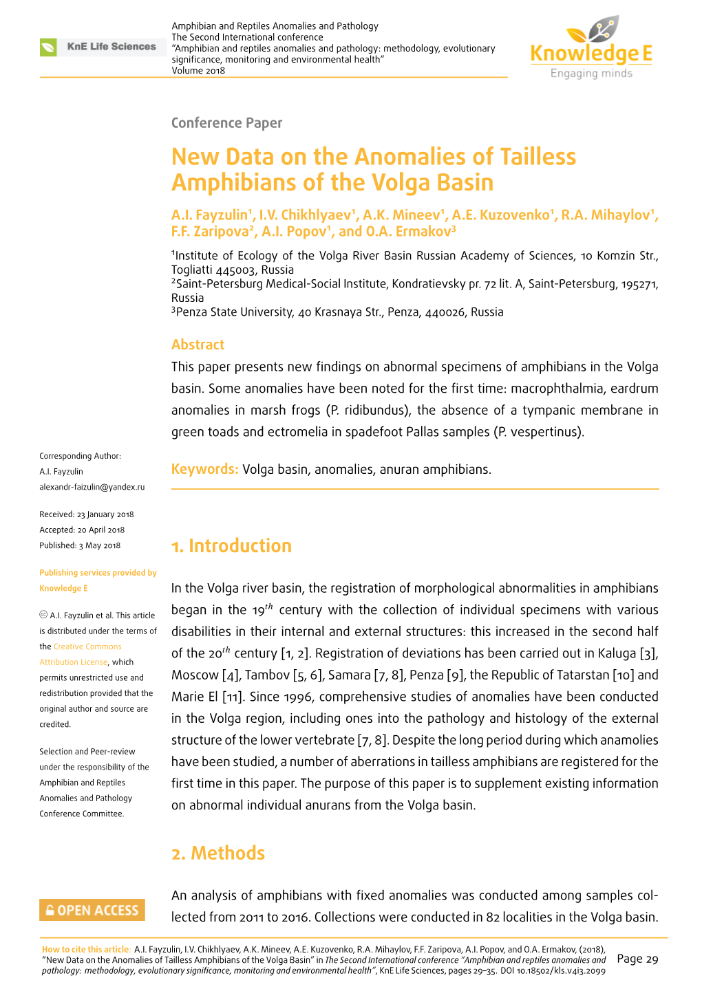 New Data on the Anomalies of Tailless Amphibians of the Volga Basin A.I