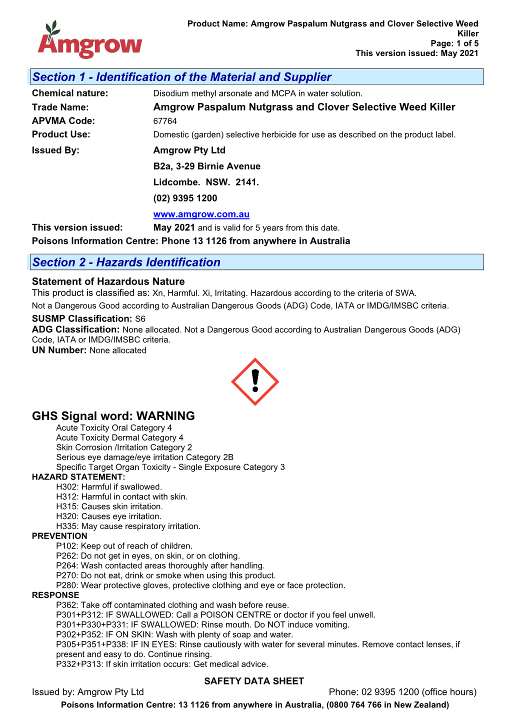 Amgrow Paspalum Nutgrass and Clover Selective Weed Killer Page: 1 of 5 This Version Issued: May 2021
