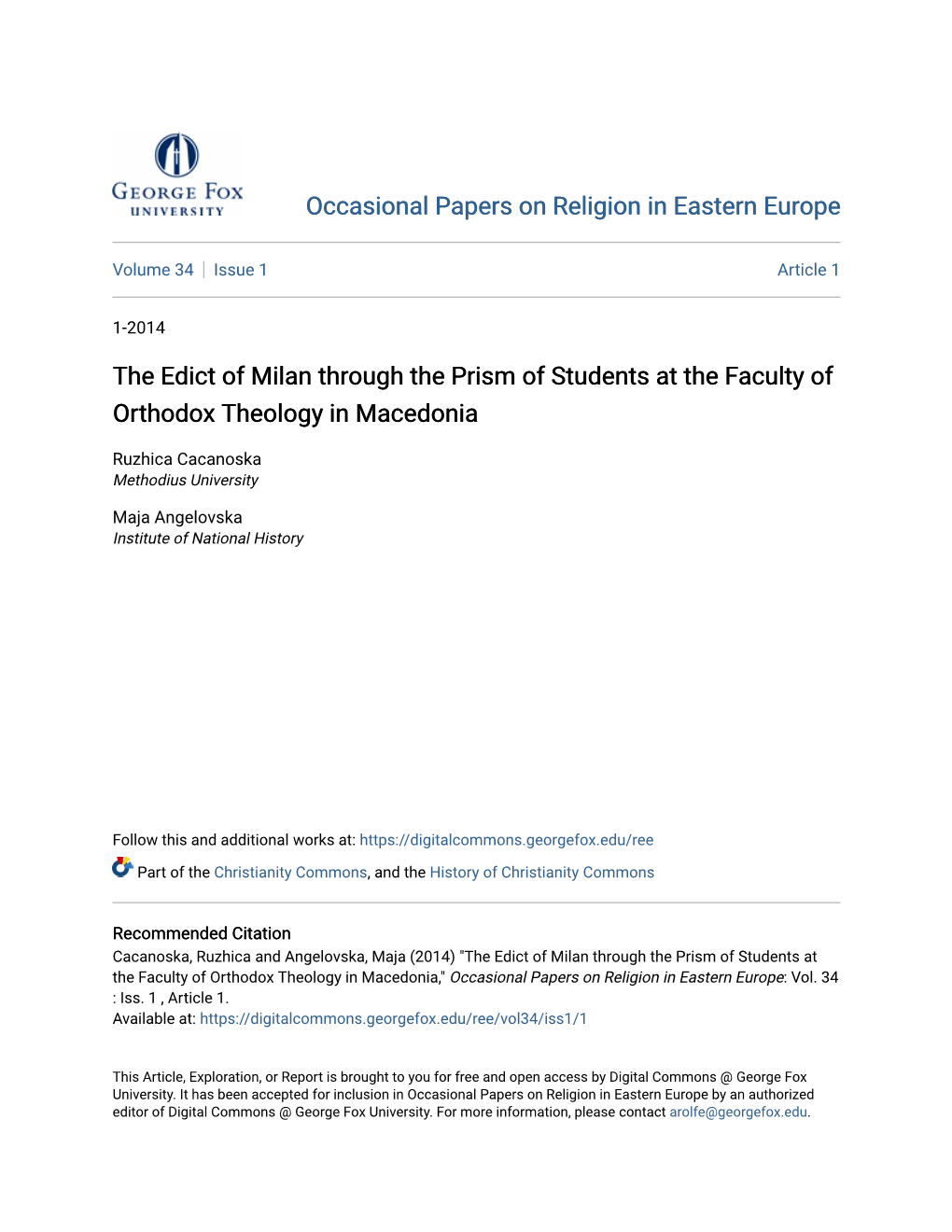 The Edict of Milan Through the Prism of Students at the Faculty of Orthodox Theology in Macedonia