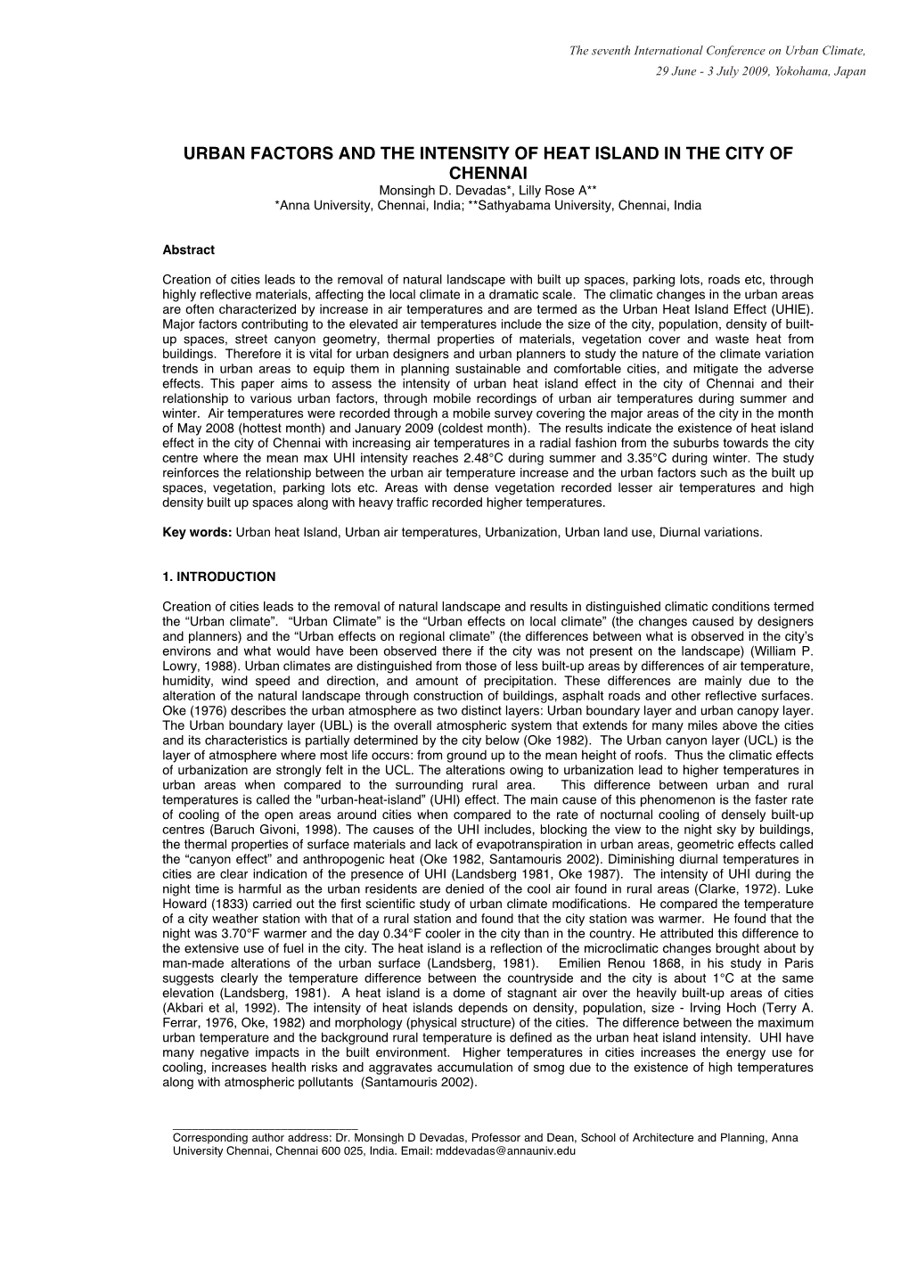 URBAN FACTORS and the INTENSITY of HEAT ISLAND in the CITY of CHENNAI Monsingh D