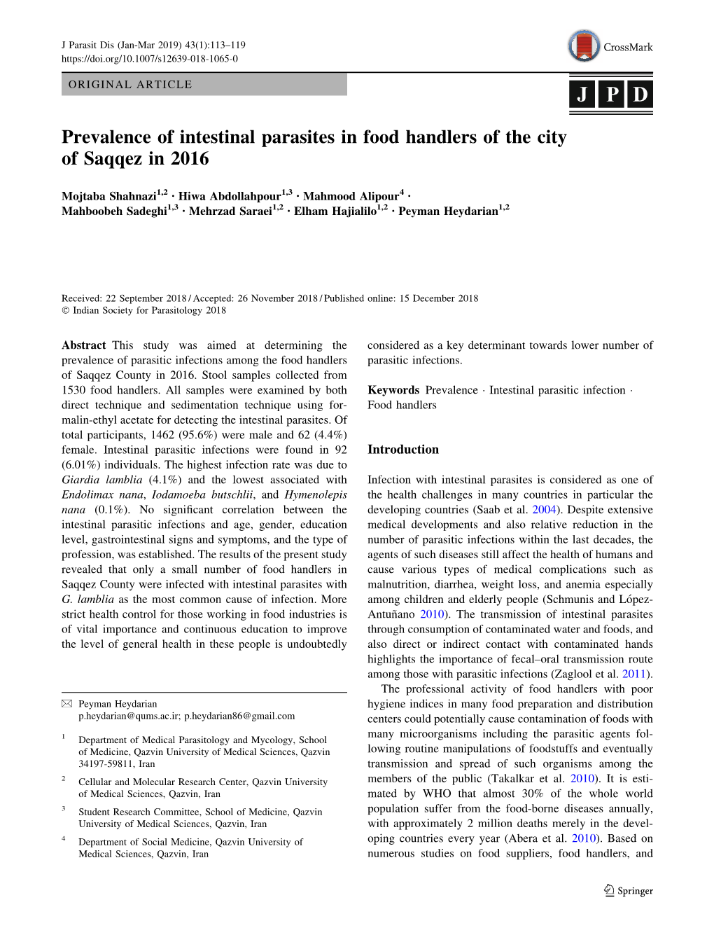 Prevalence of Intestinal Parasites in Food Handlers of the City of Saqqez in 2016