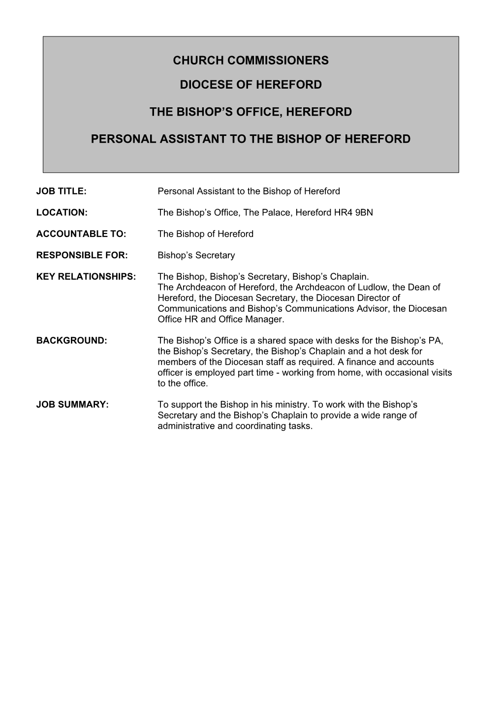 Job Description PA to Bishop of Hereford