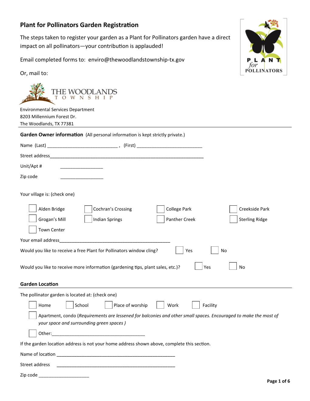 Plant for Pollinators Garden Registration Form