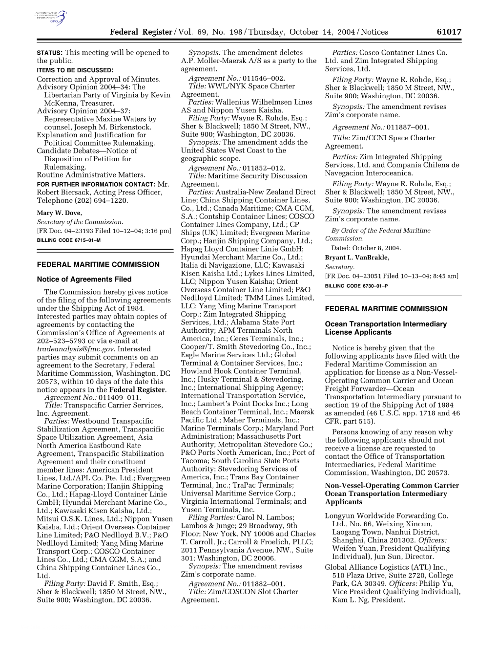 Federal Register/Vol. 69, No. 198/Thursday, October 14, 2004/Notices