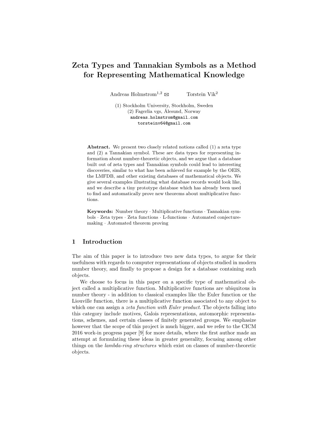 Zeta Types and Tannakian Symbols As a Method for Representing Mathematical Knowledge