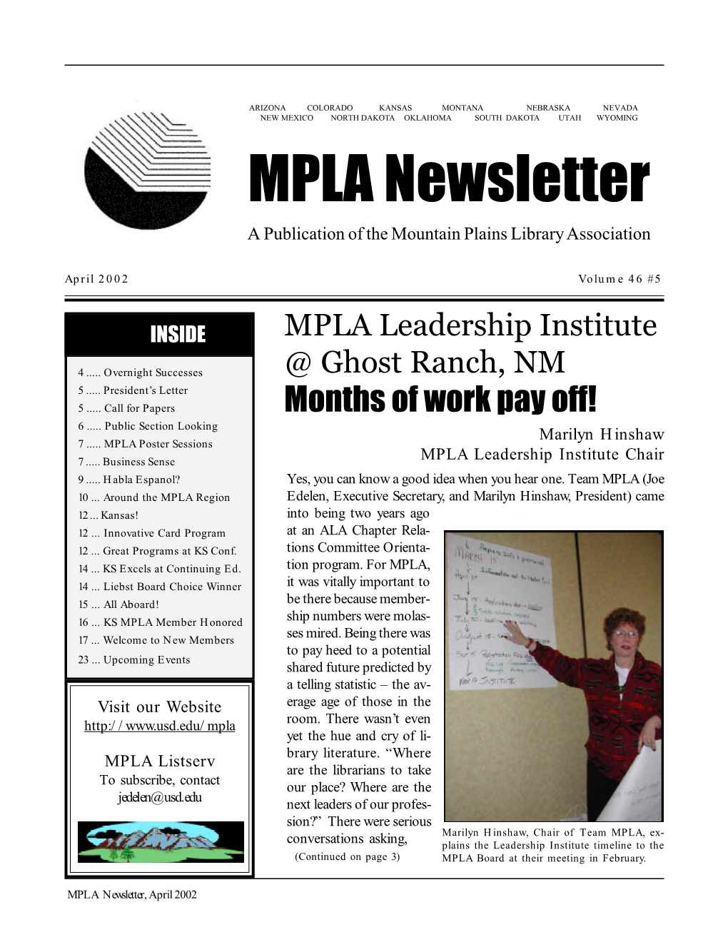 MPLA Newsletter a Publication of the Mountain Plains Library Association