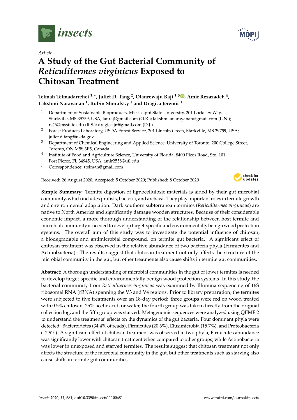 A Study of the Gut Bacterial Community of Reticulitermes Virginicus Exposed to Chitosan Treatment