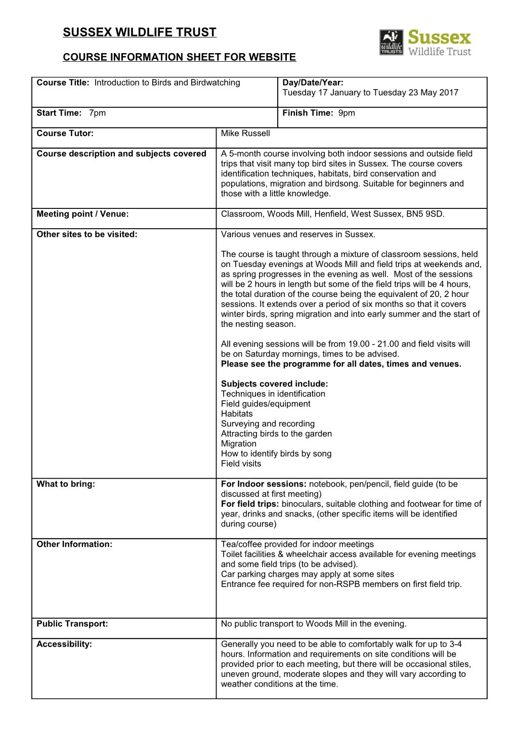 Course Information Sheet for Website