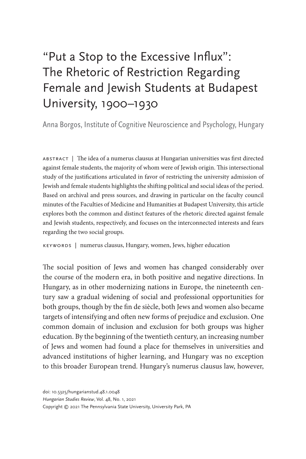 The Rhetoric of Restriction Regarding Female and Jewish Students At