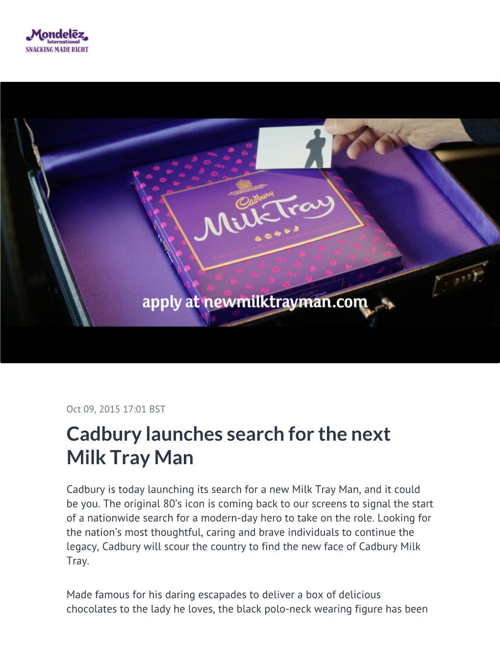 Cadbury Launches Search for the Next Milk Tray Man