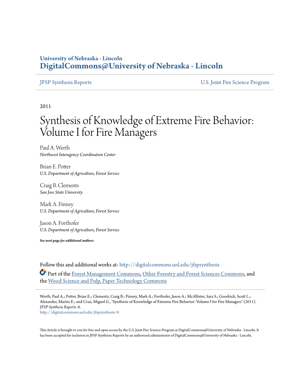 Synthesis of Knowledge of Extreme Fire Behavior: Volume I for Fire Managers Paul A
