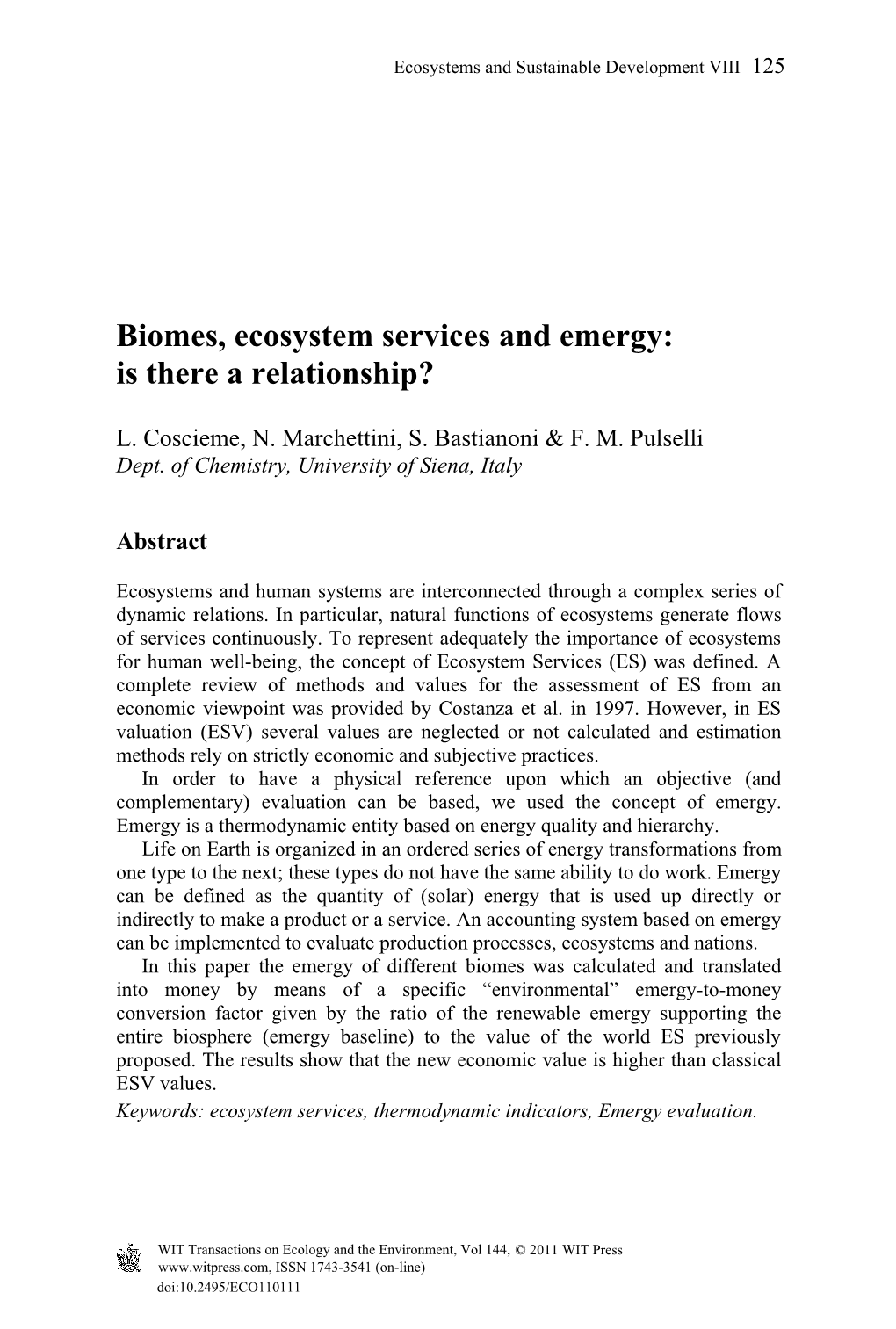 Biomes, Ecosystem Services and Emergy: Is There a Relationship?