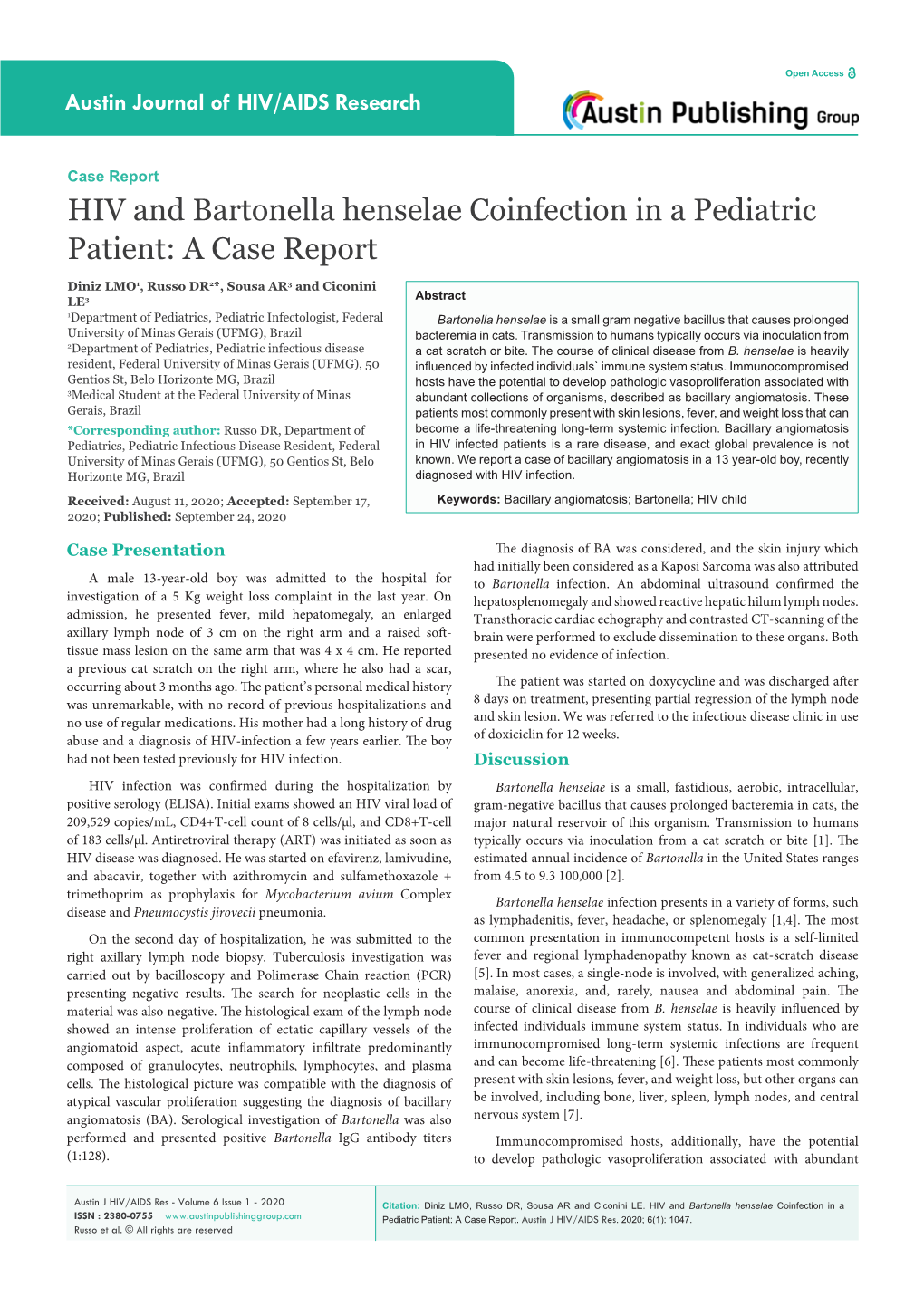 HIV and Bartonella Henselae Coinfection in a Pediatric Patient: a Case Report