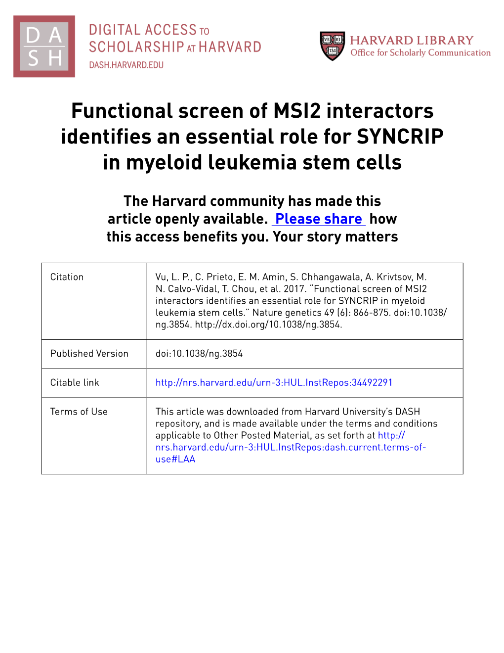 Functional Screen of MSI2 Interactors Identifies an Essential Role for SYNCRIP in Myeloid Leukemia Stem Cells