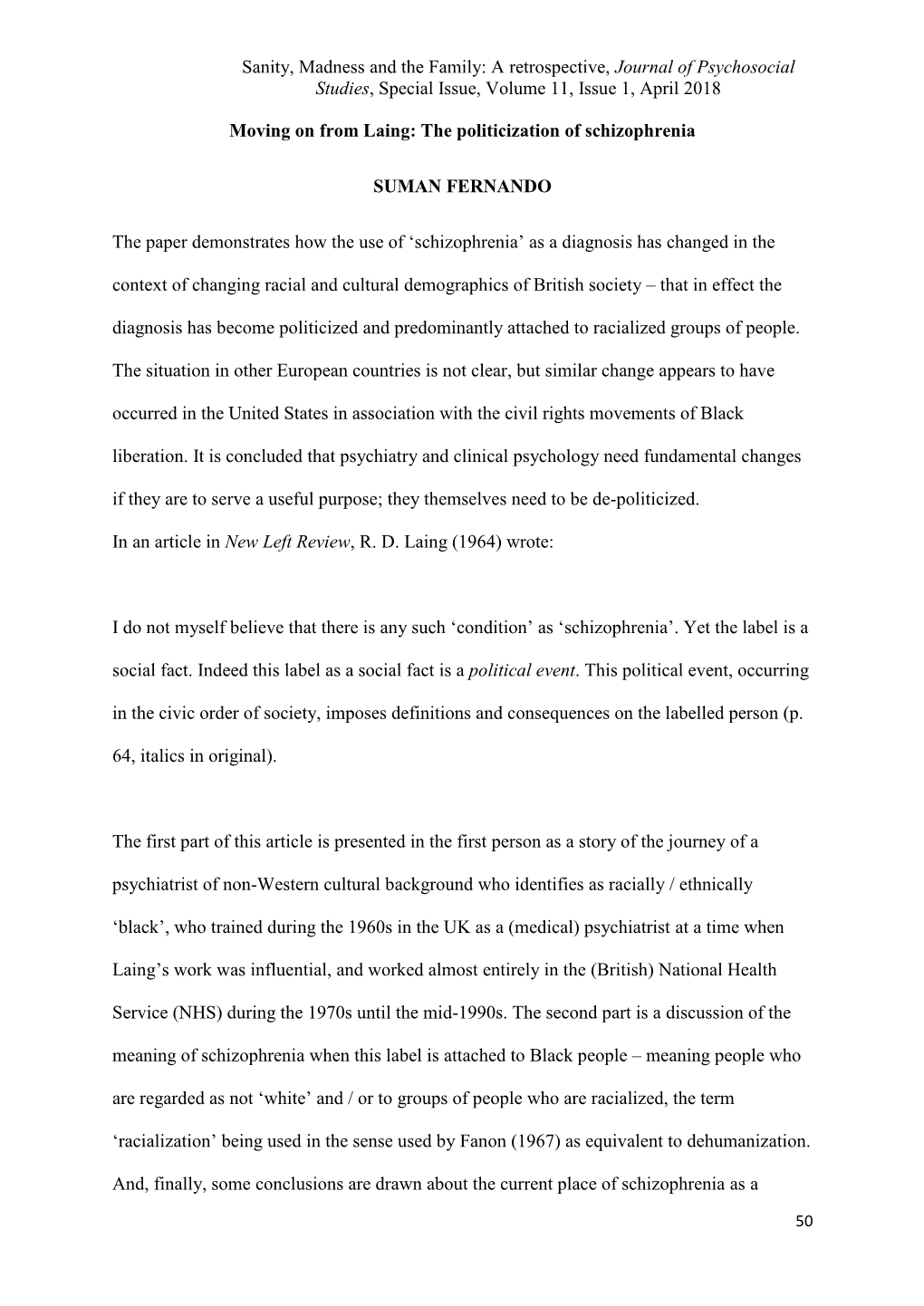 Sanity, Madness and the Family: a Retrospective, Journal of Psychosocial Studies, Special Issue, Volume 11, Issue 1, April 2018