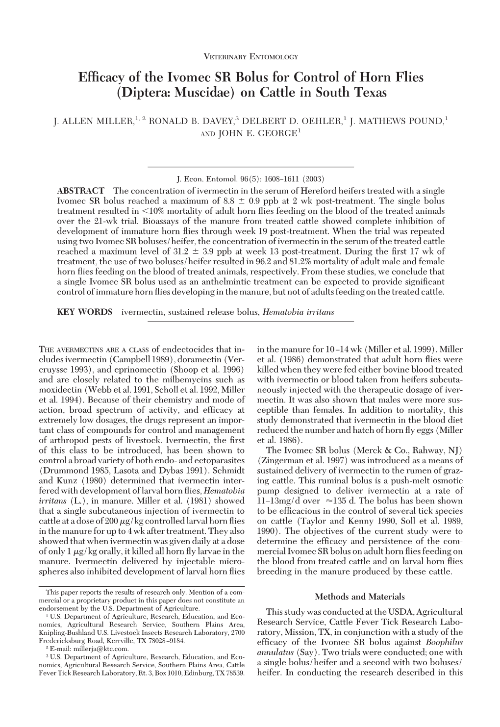 Efficacy of the Ivomec SR Bolus for Control of Horn Flies