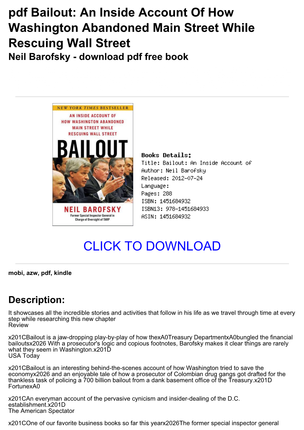 Pdf Bailout: an Inside Account of How Washington Abandoned Main Street While Rescuing Wall Street Neil Barofsky - Download Pdf Free Book