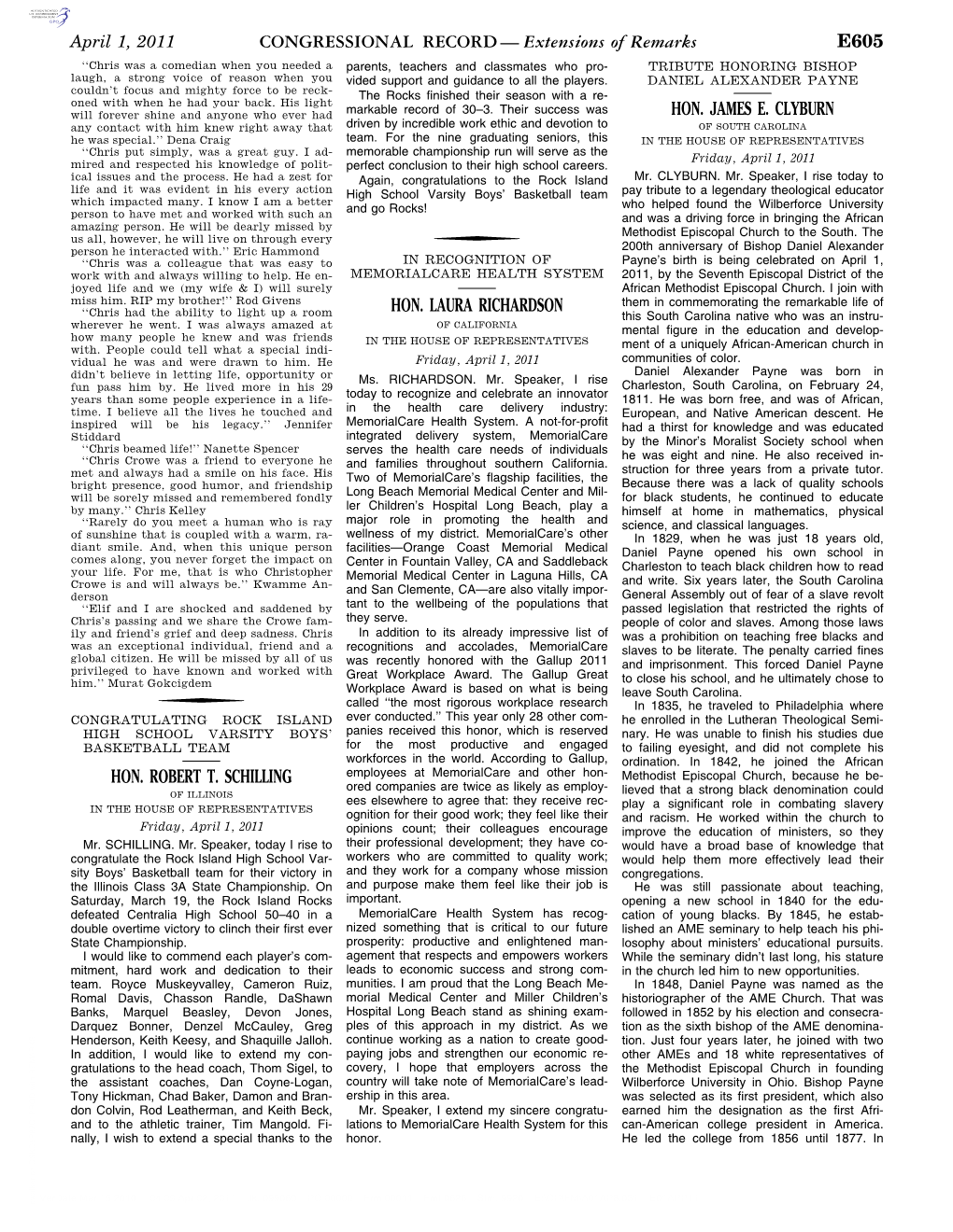 Extensions of Remarks E605 HON. ROBERT T. SCHILLING HON. LAURA RICHARDSON HON. JAMES E. CLYBURN