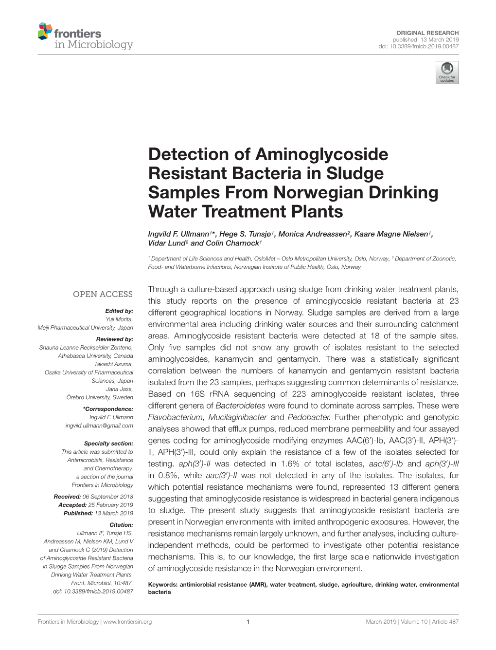 Detection of Aminoglycoside Resistant Bacteria in Sludge Samples from Norwegian Drinking Water Treatment Plants