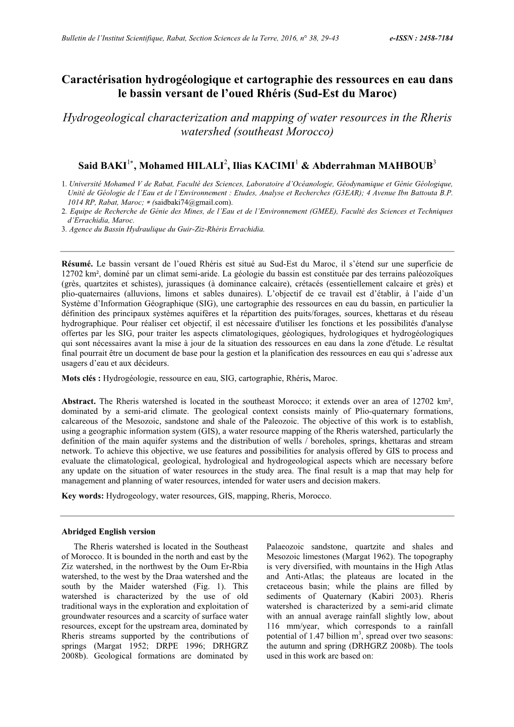 Caractérisation Hydrogéologique Et Cartographie Des Ressources En Eau Dans Le Bassin Versant De L'oued Rhéris