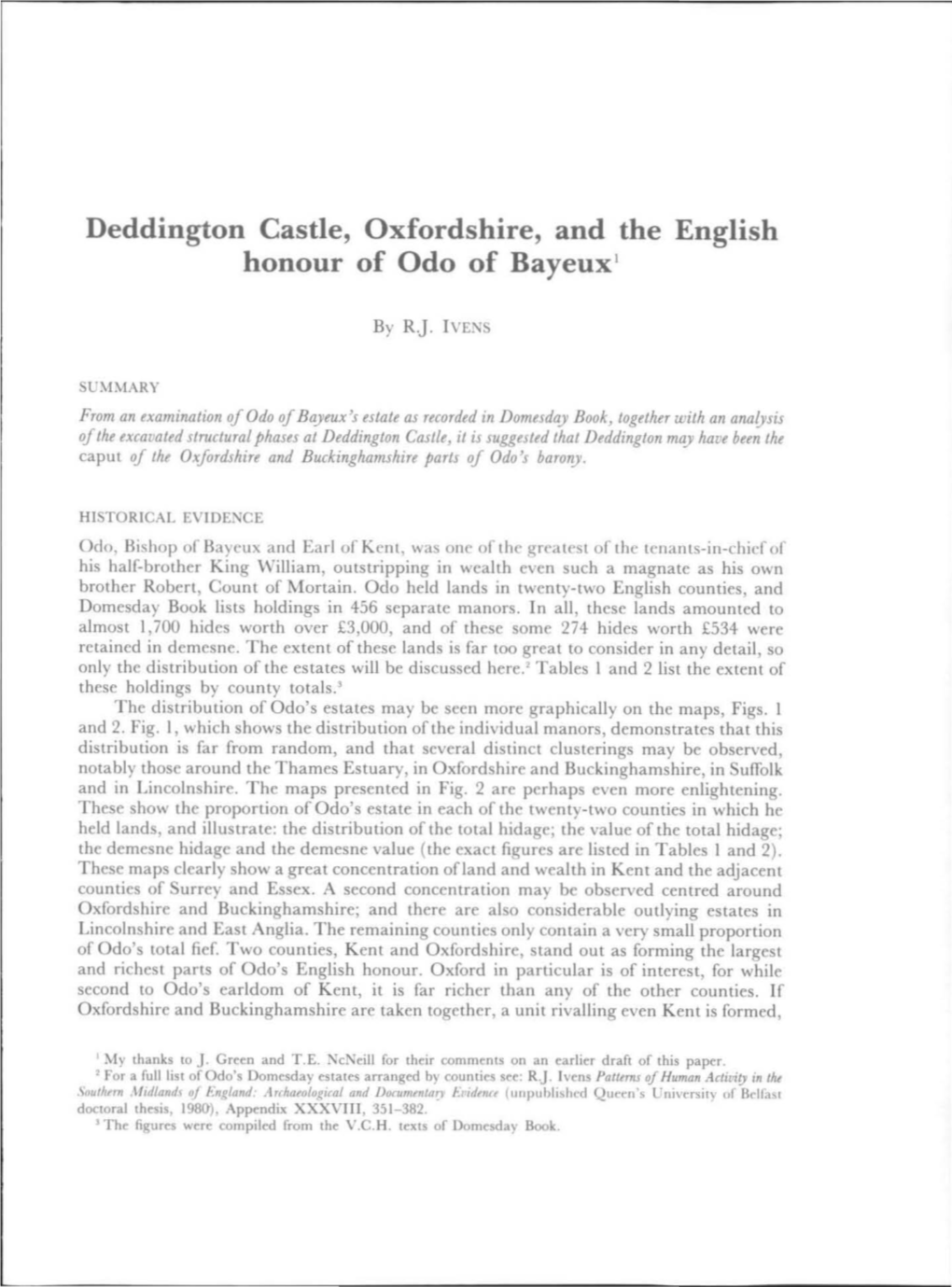 Deddington Castle, Oxfordshire, and the English Honour of Odo of Bayeuxl