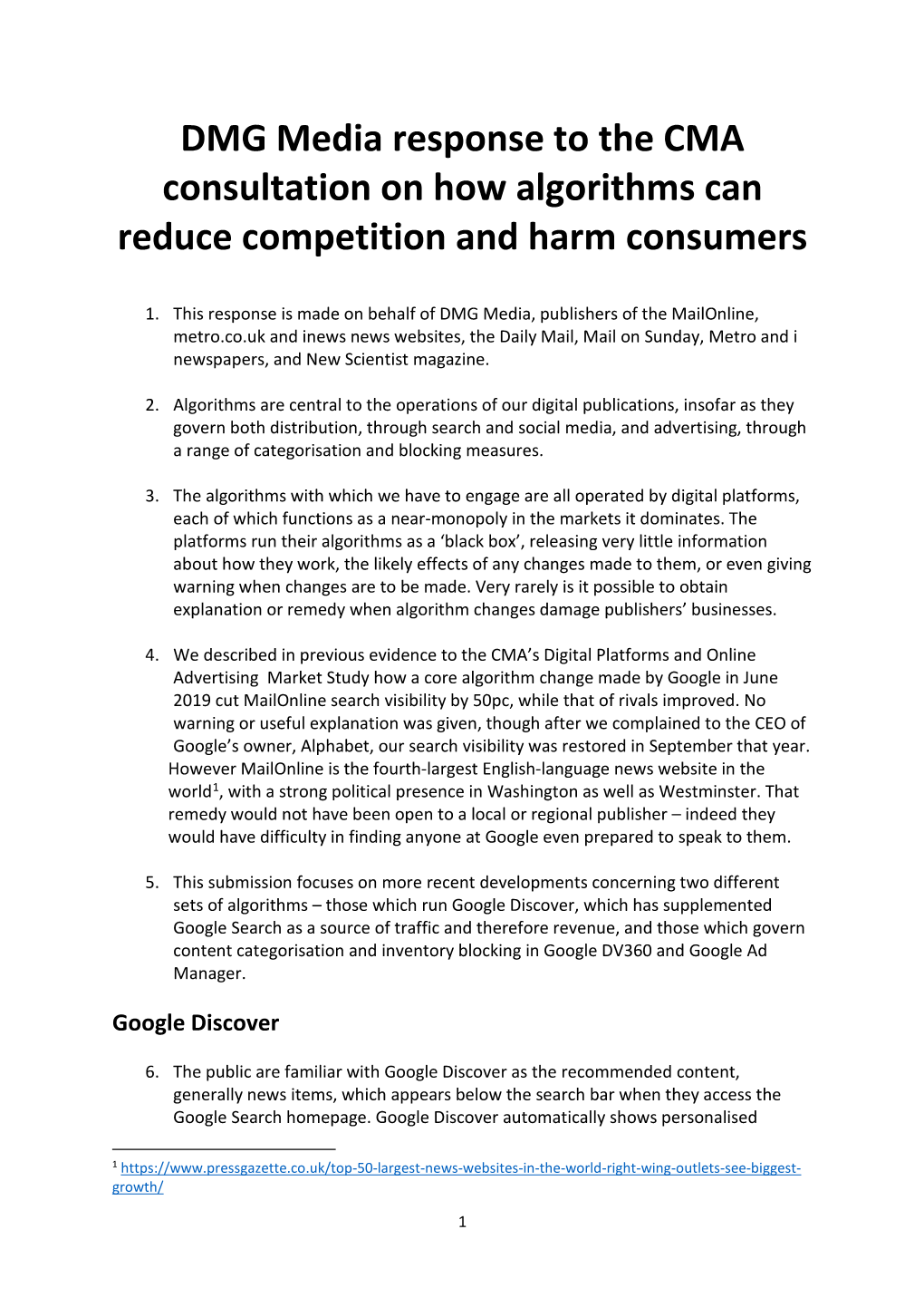 DMG Media Response to the CMA Consultation on How Algorithms Can Reduce Competition and Harm Consumers