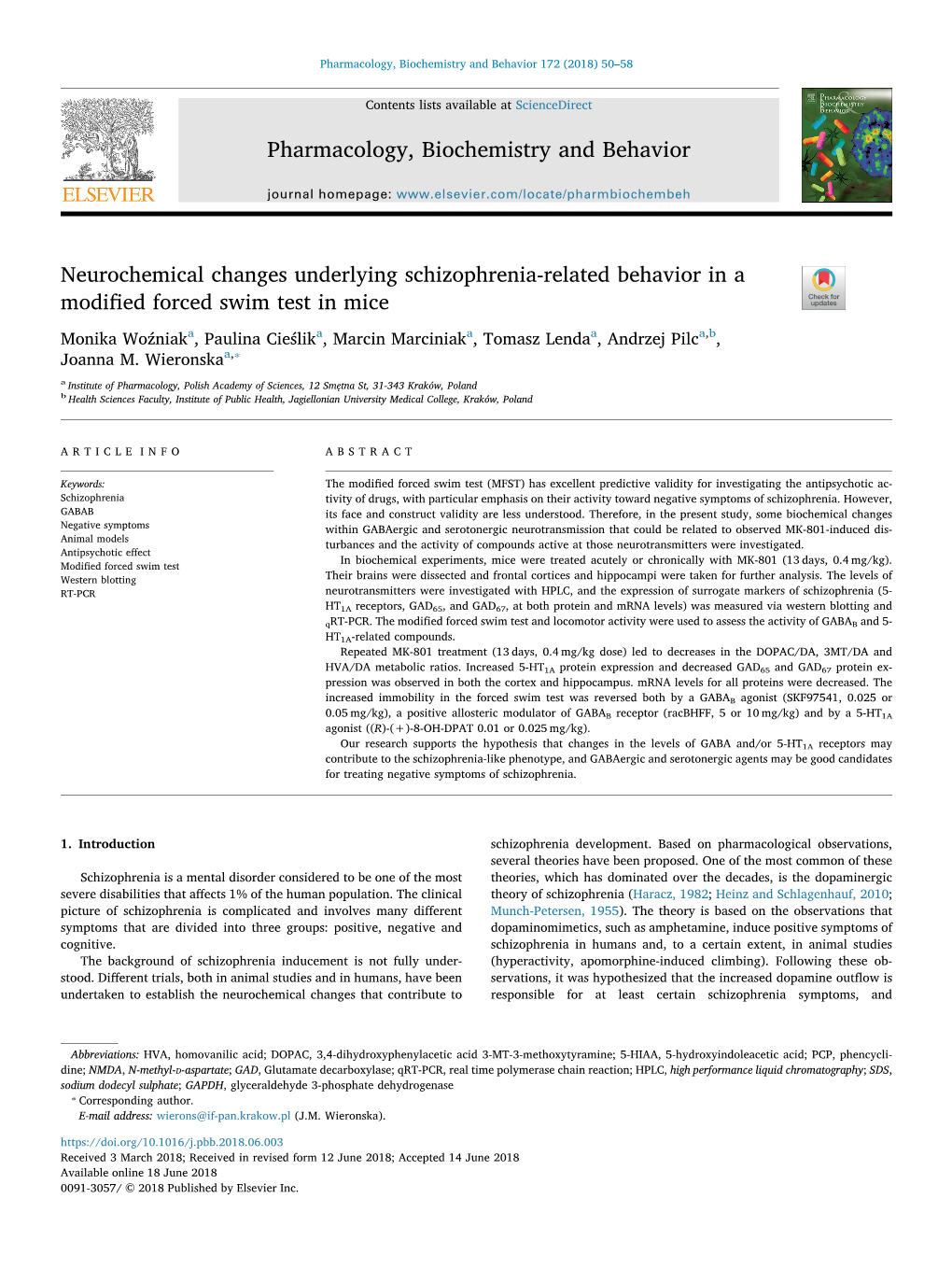 Neurochemical Changes Underlying Schizophrenia-Related Behavior in a Modiﬁed Forced Swim Test in Mice T