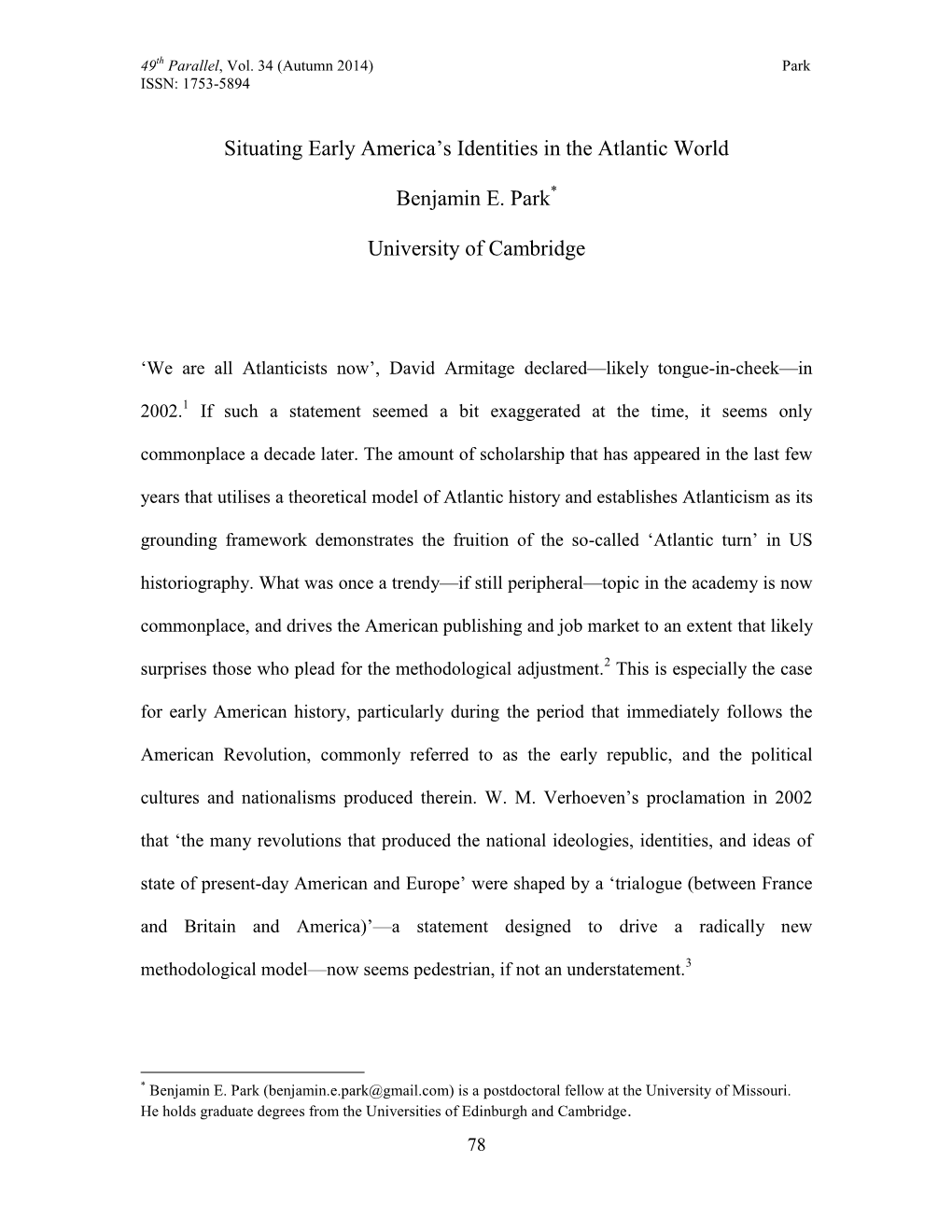 Situating Early America's Identities in the Atlantic World Benjamin E. Park