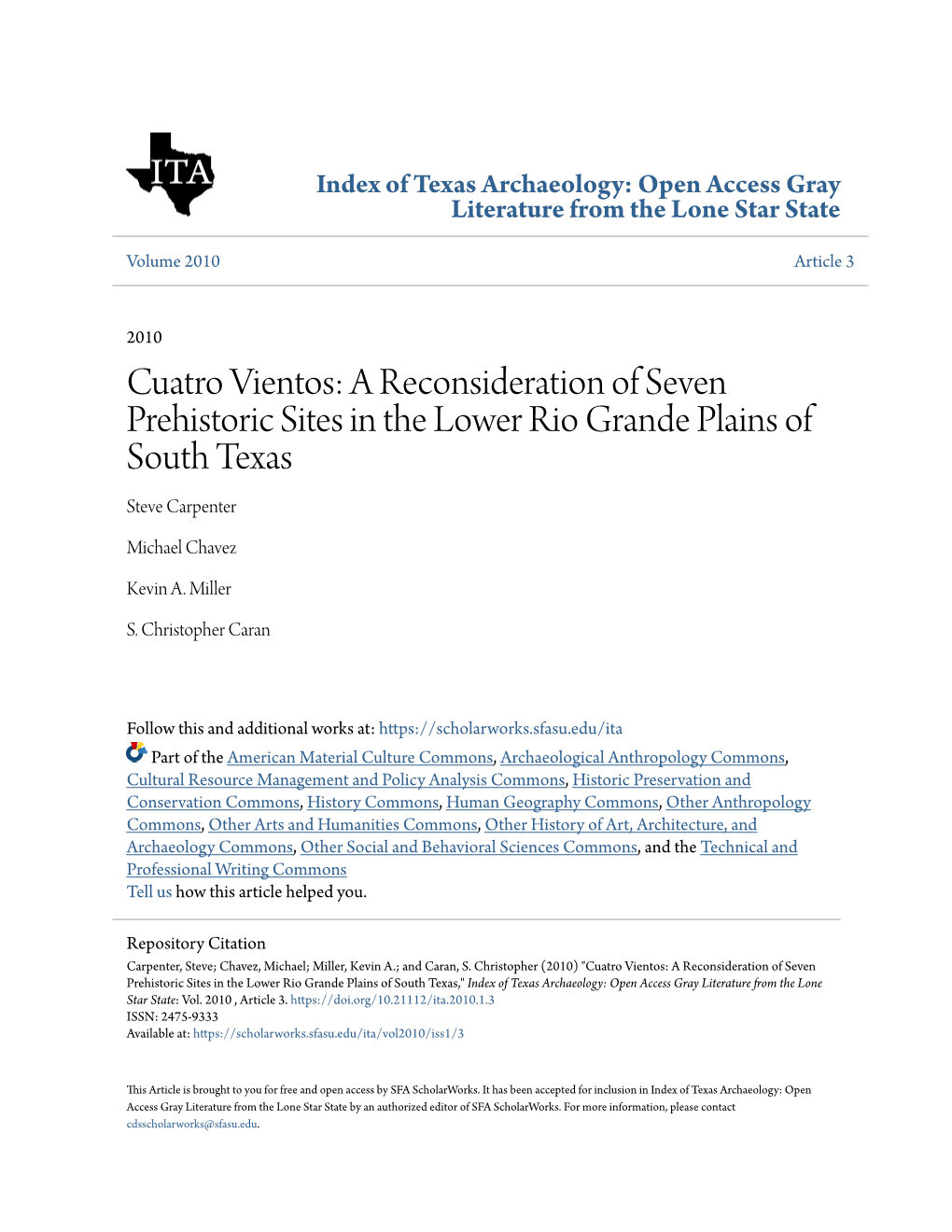 A Reconsideration of Seven Prehistoric Sites in the Lower Rio Grande Plains of South Texas Steve Carpenter