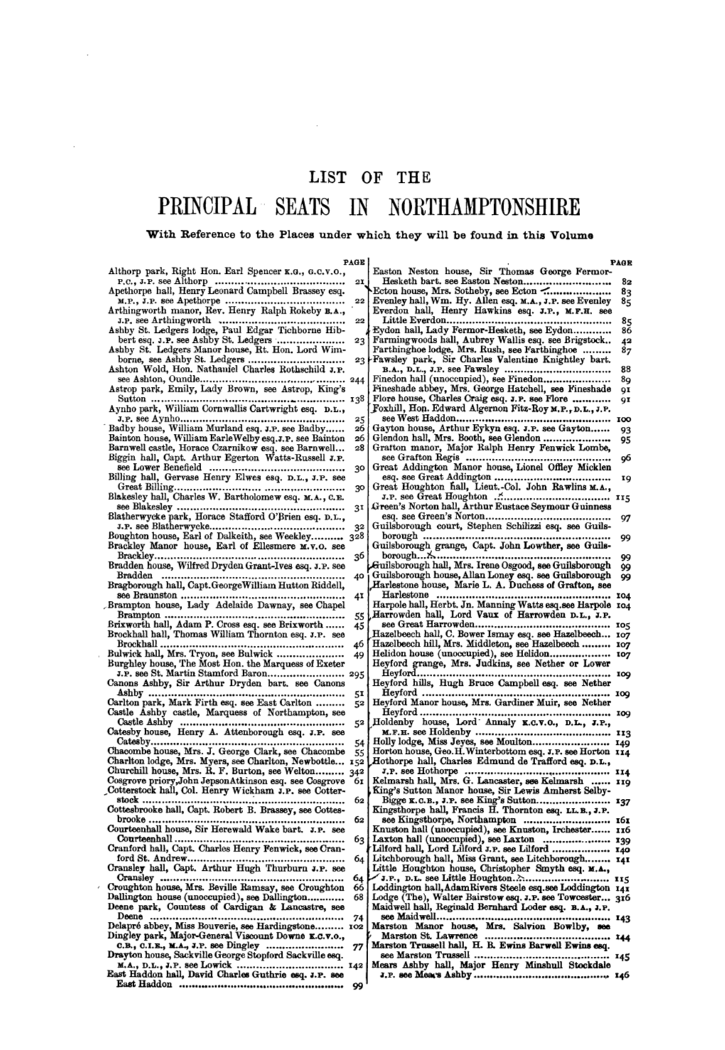 LIST of the PRINCIPAL·· SEATS in NORTHA~IPTONSHIRE with Reference to the Places Under Which They Will Be Found in This Volume