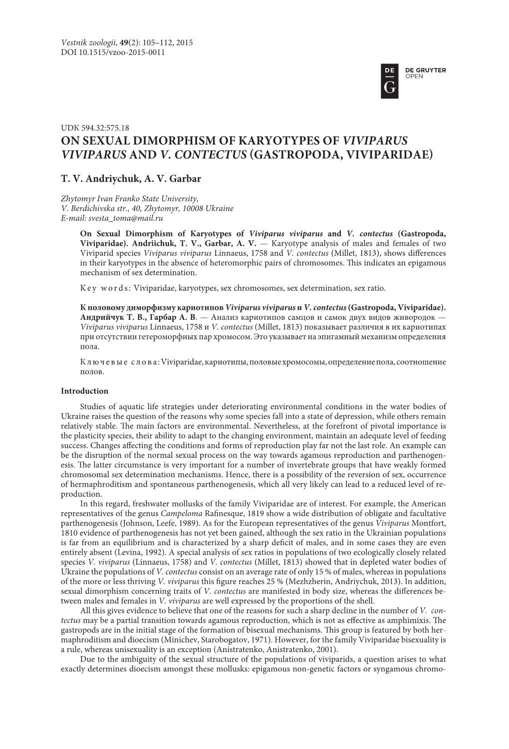 On Sexual Dimorphism of Karyotypes of Viviparus Viviparus and V. Contectus (Gastropoda, Viviparidae)