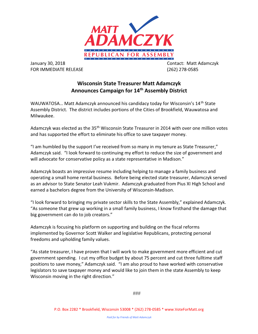 Wisconsin State Treasurer Matt Adamczyk Announces Campaign for 14Th Assembly District