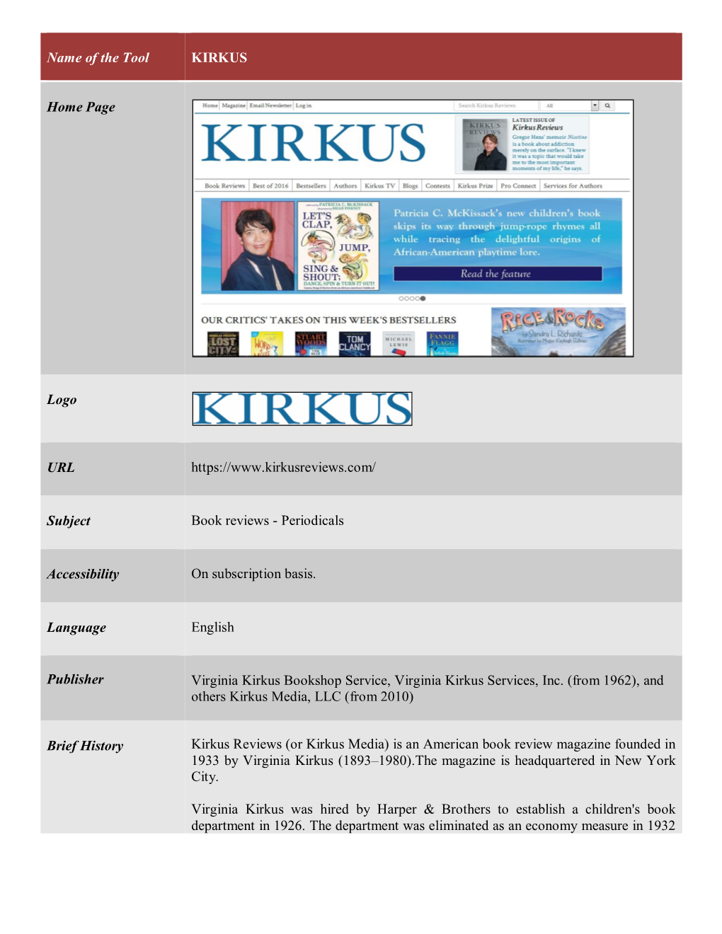 Name of the Tool KIRKUS Home Page Logo URL