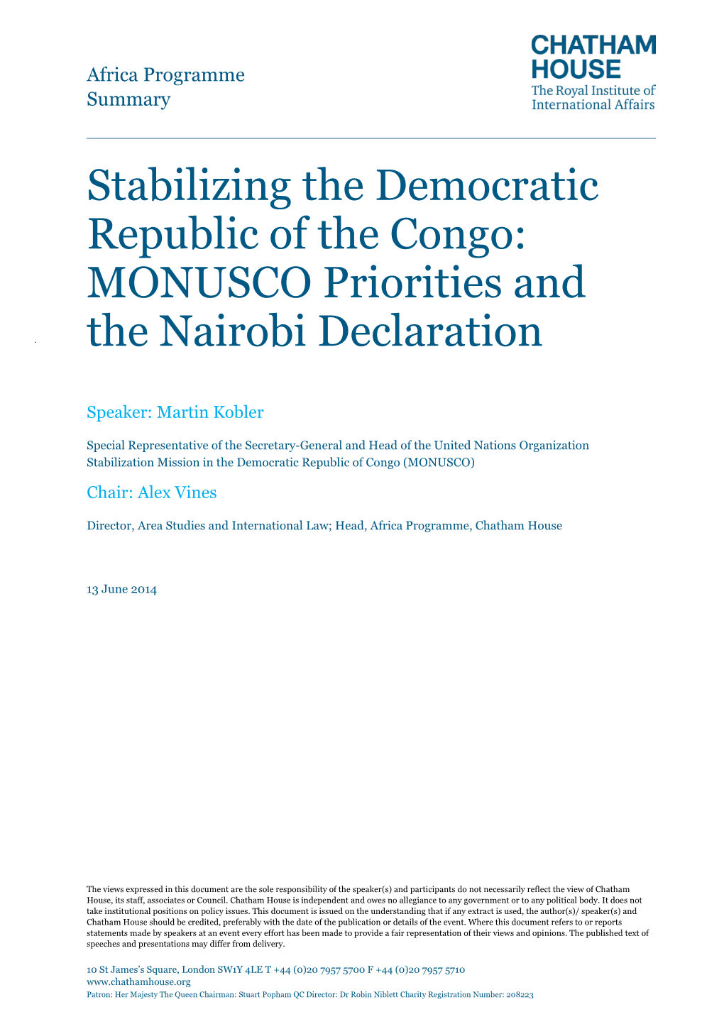 Stabilizing the Democratic Republic of the Congo: MONUSCO Priorities and the Nairobi Declaration