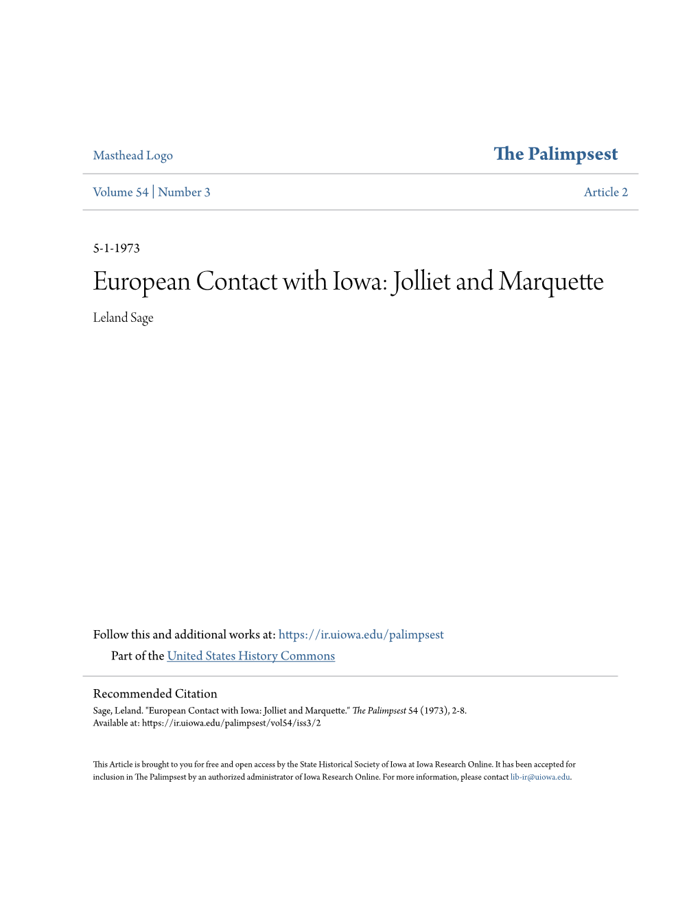 European Contact with Iowa: Jolliet and Marquette Leland Sage