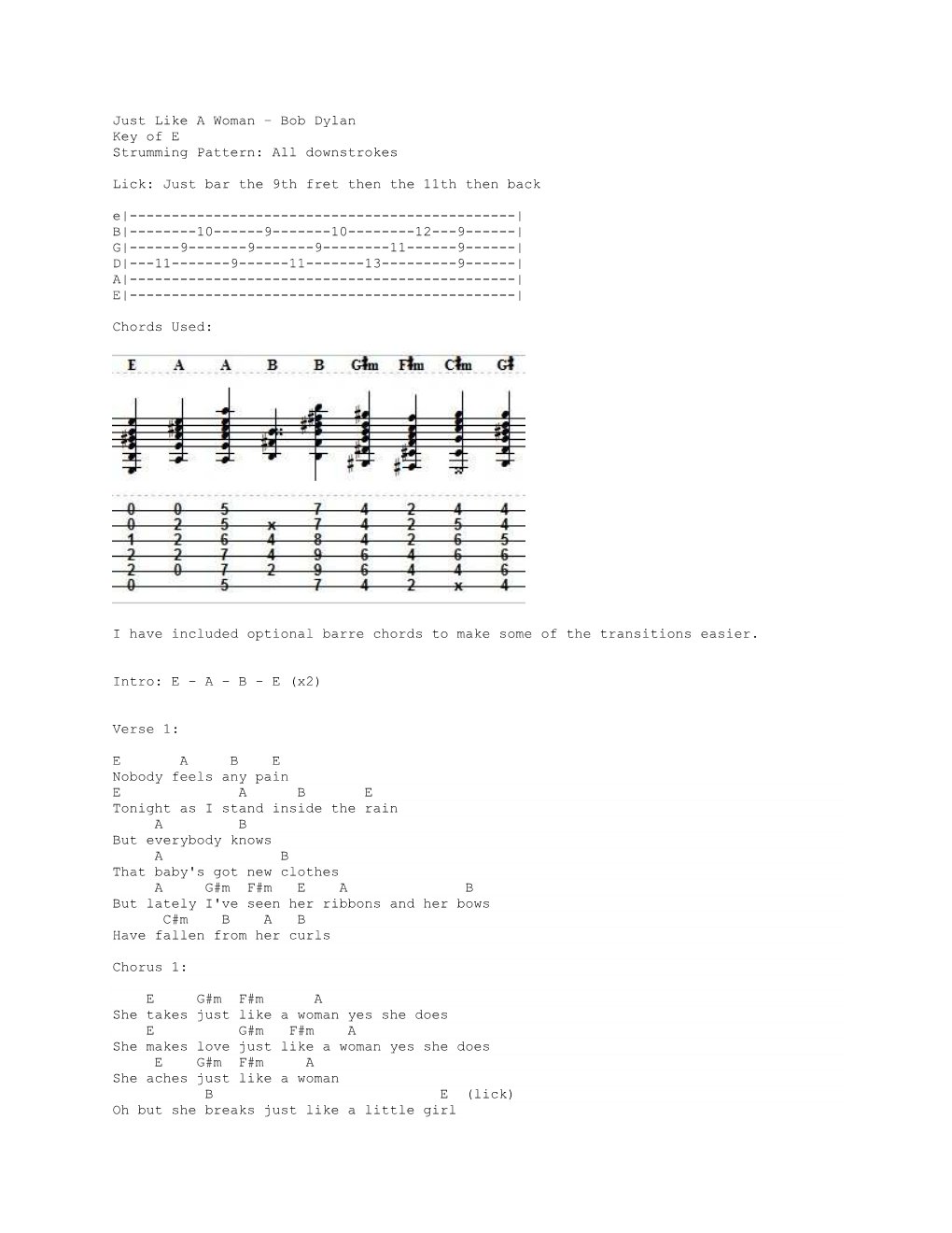 Just Like a Woman – Bob Dylan Key of E Strumming Pattern: All Downstrokes