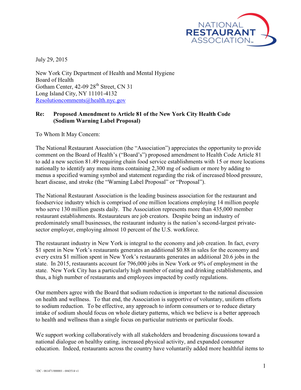 1 July 29, 2015 New York City Department of Health and Mental Hygiene Board of Health Gotham Center, 42-09 28 Street, CN 31