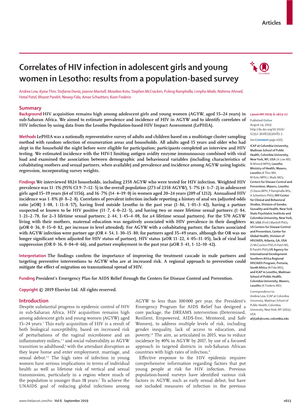 Correlates of HIV Infection in Adolescent Girls and Young Women in Lesotho: Results from a Population-Based Survey