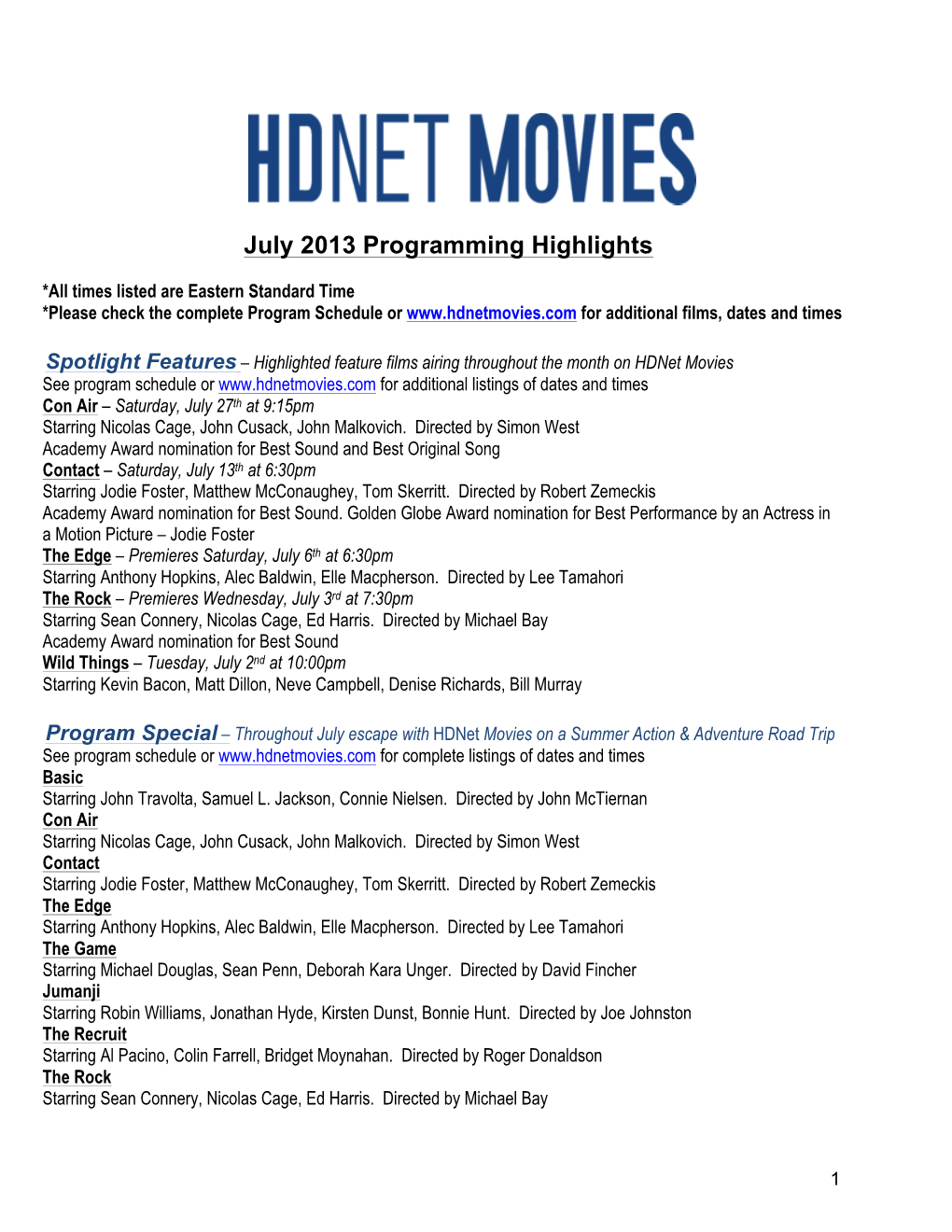 Hdnet Movies July 2013 Program Highlights -Version 1