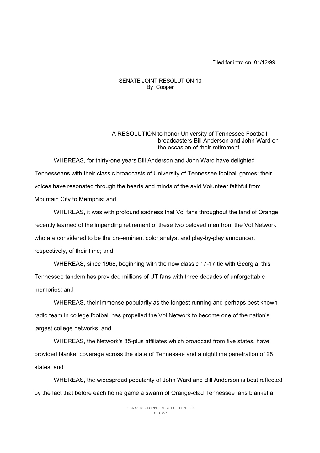 A RESOLUTION to Honor University of Tennessee Football Broadcasters Bill Anderson and John Ward on the Occasion of Their Retirement