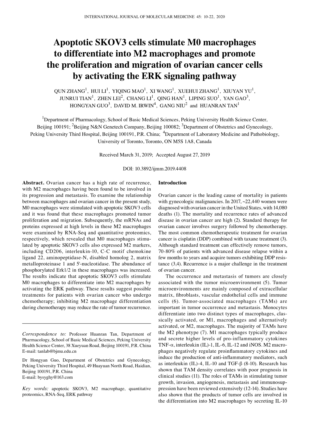 Apoptotic SKOV3 Cells Stimulate M0 Macrophages to Differentiate Into