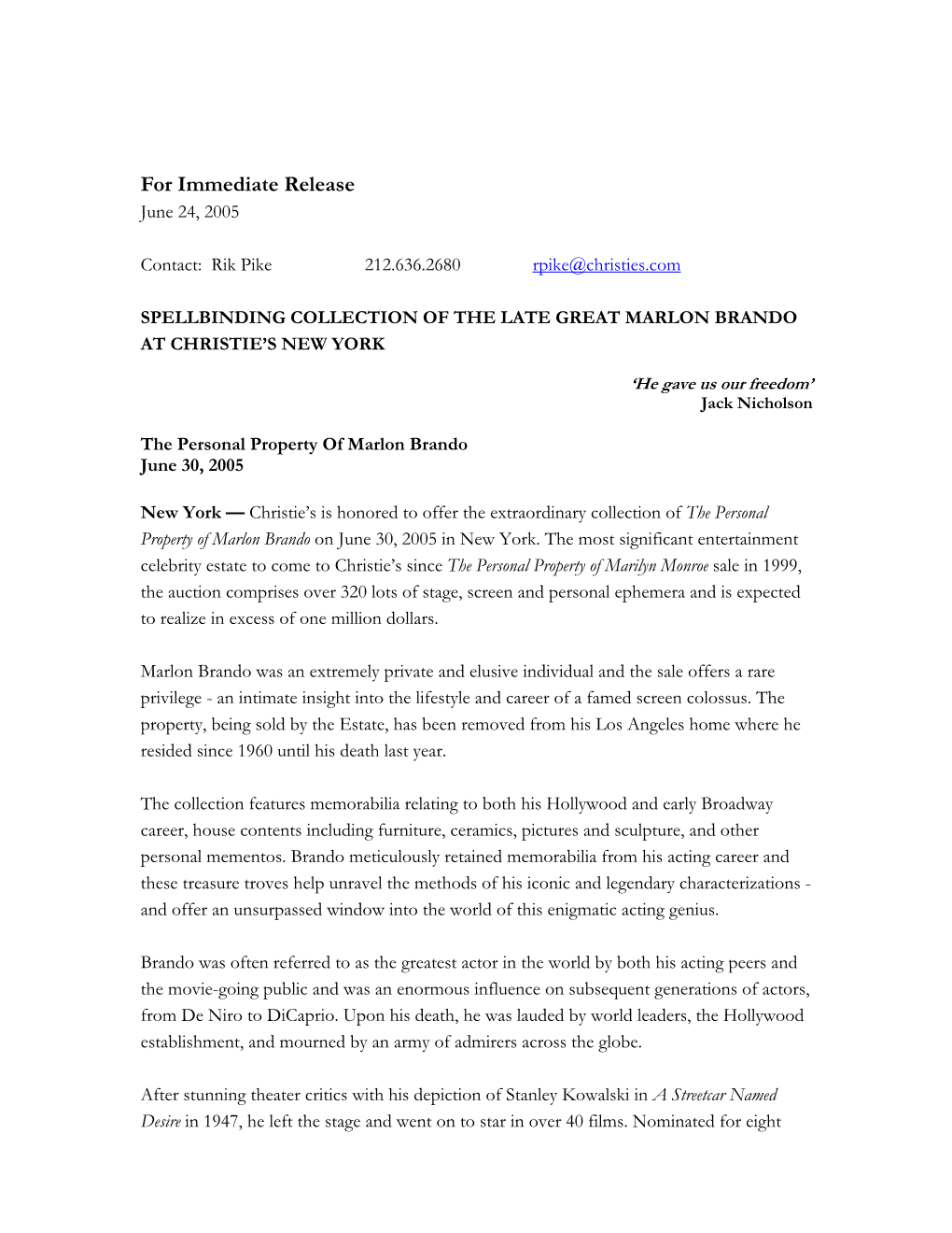 For Immediate Release June 24, 2005