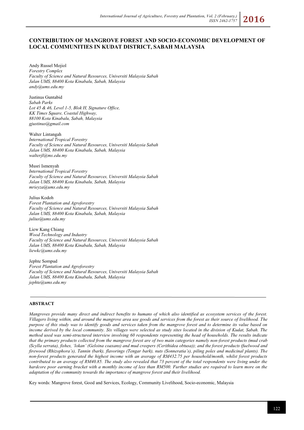 Contribution of Mangrove Forest and Socio-Economic Development of Local Communities in Kudat District, Sabah Malaysia