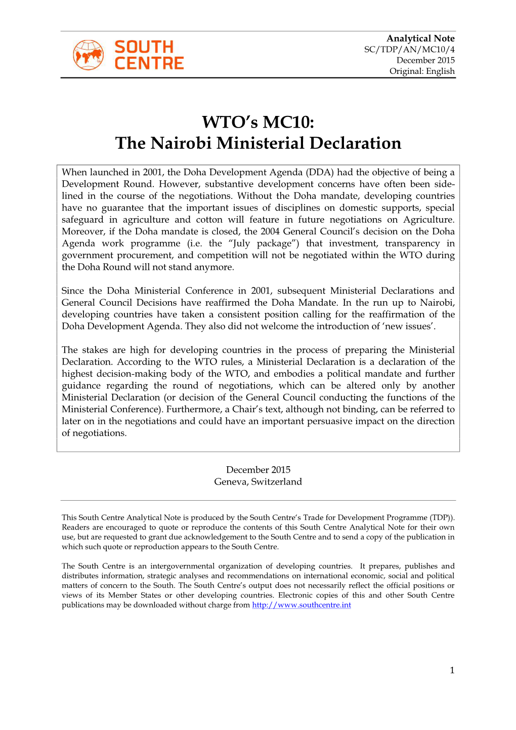 WTO's MC10: the Nairobi Ministerial Declaration
