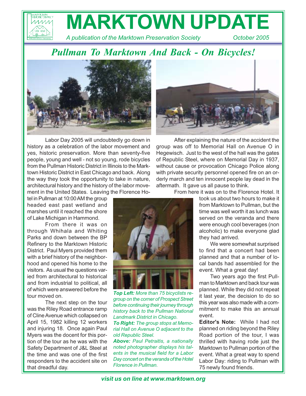 MARKTOWN UPDATE a Publication of the Marktown Preservation Society October 2005 Pullman to Marktown and Back - on Bicycles!