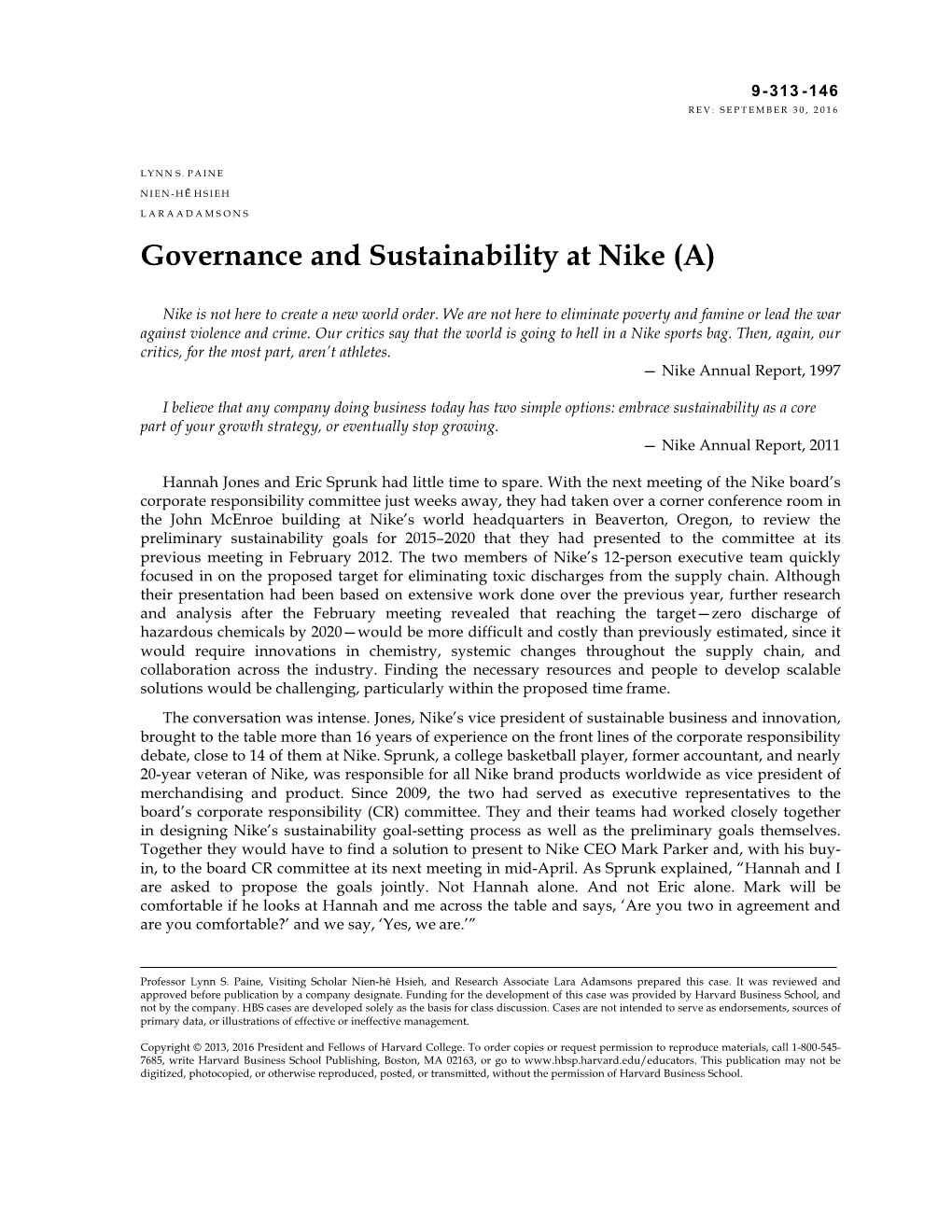 Governance and Sustainability at Nike (A)