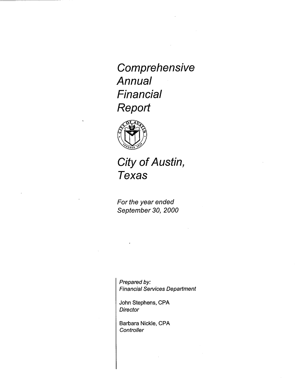 Comprehensive Annual Financial Report City of Austin, Texas